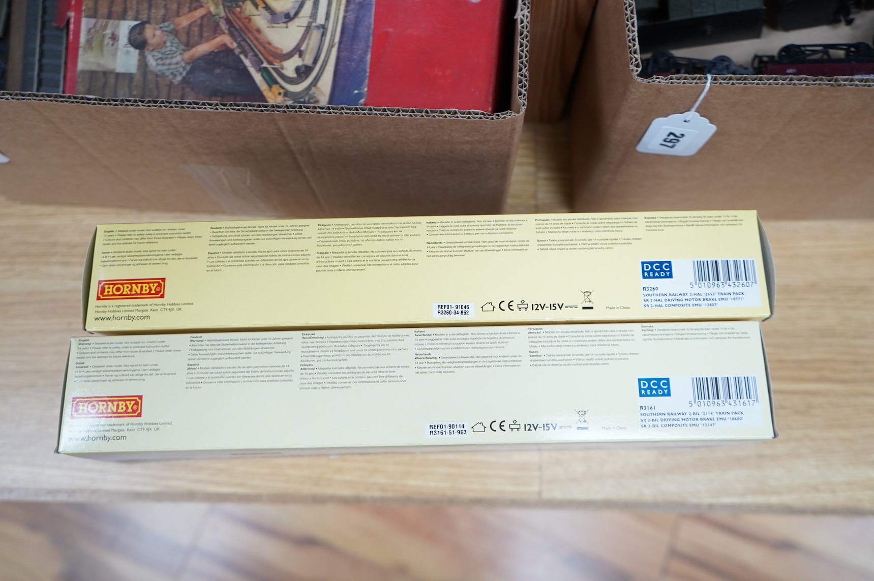 Two boxed Hornby Hobbies 00 gauge railway 2-car Southern Railway EMU train packs; a 2-BIL ‘2114’ together with a 2-HAL set